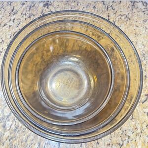 VTG Anchor Hocking Ovenware Amber Mixing Bowls Set of‎ 3 1 Qt 1.5 Qt 2.5 Qt USA